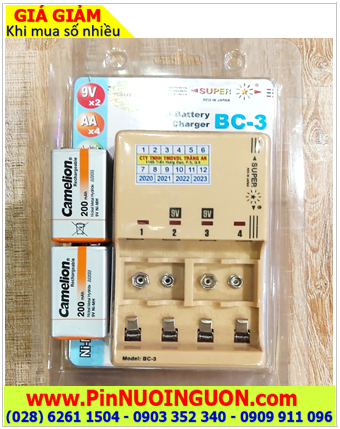 Super BC-3; Bộ sạc Super BC-3 kèm 02 pin sạc Camelion NH-9V200BP1 (9v 200mAh) Vỏ cam